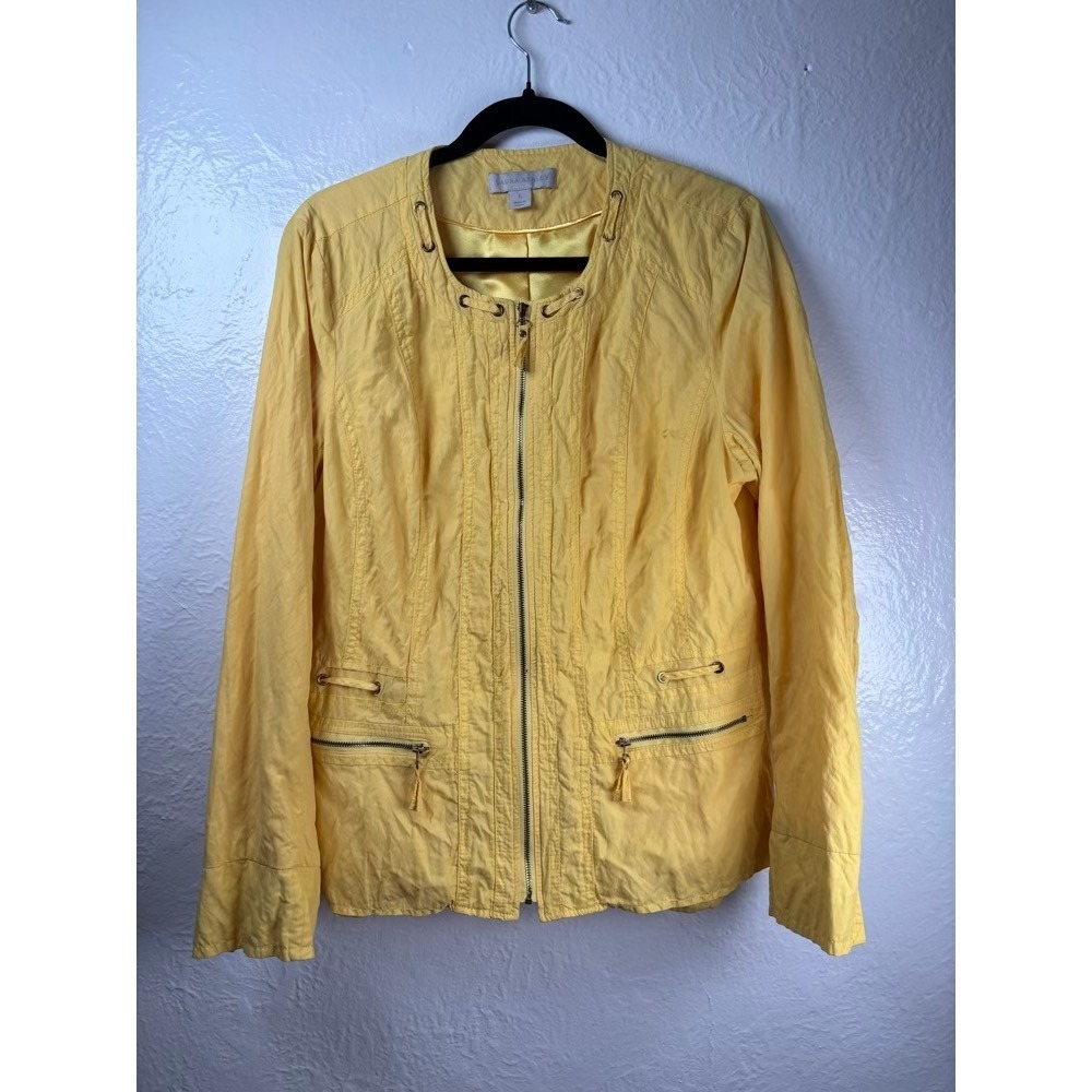Laura Ashley Jacket Large Yellow Lightweight Zip Front Utility Coastal Preppy